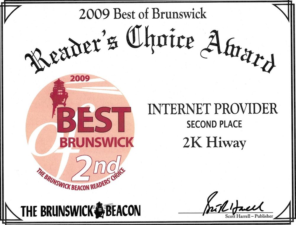 2009 Best of Brunswick Readers' Choice Award, Internet Provider, Second Place, 2K Hiway, from The Brunswick Beacon